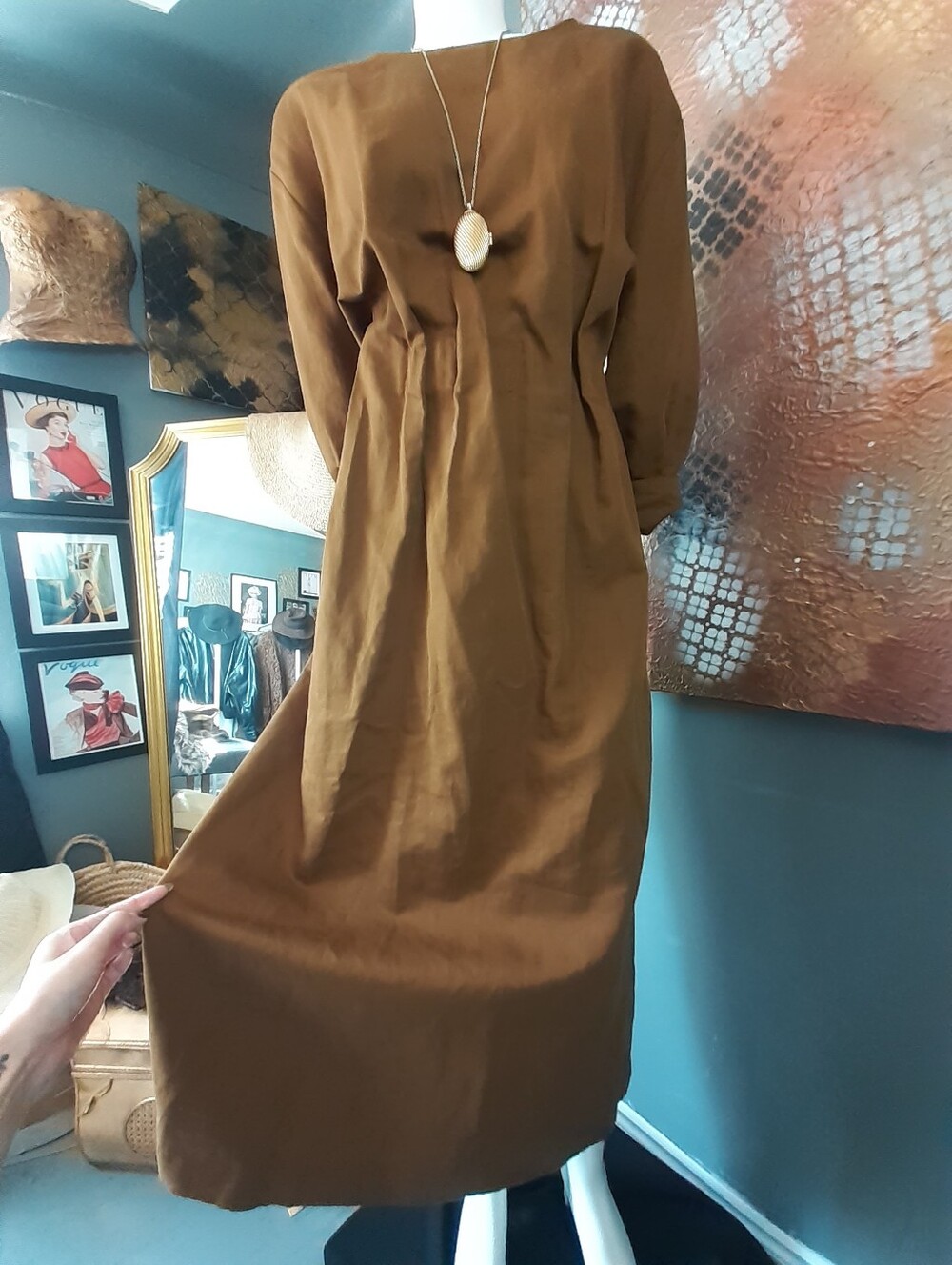 Zara Linen/ Cotton BlendClassic Long Sleeve Tobacco Brown Midi Dress